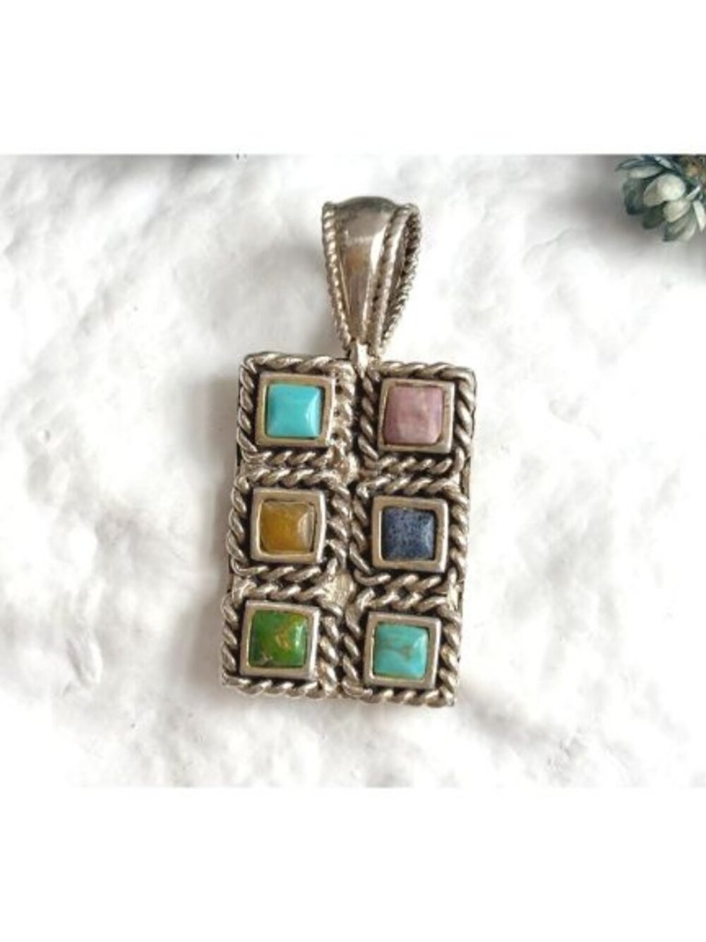 Multi Stone Southwest Style Turquoise Sterling Silver 925 Vintage Pendant